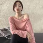 Long-sleeve Off-shoulder T-shirt T-shirt - Pink - One Size