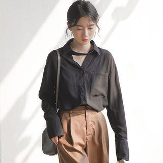 Cut-out Pocket Detail Chiffon Blouse Black - One Size