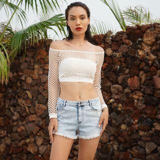 Long-sleeve Off-shoulder Fishnet Cropped Top