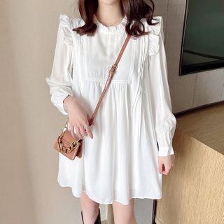 Long-sleeve Ruffle-trim Plain Dress