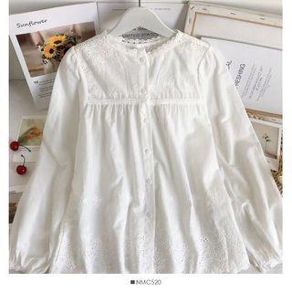 Lace-trim Embroidered Loose Shirt White - One Size