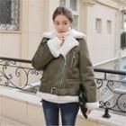Funnel-neck Belted Faux-shearling Biker Jacket