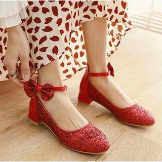Sequin Ankle-strap Low-heel Pumps