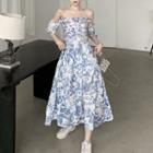 Off-shoulder Wood Ear Trim Slit Floral Dress