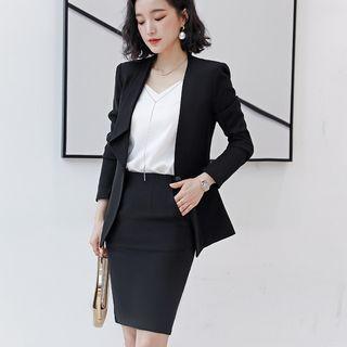 Single-button Blazer / Dress Pants / Pencil Skirt / V-neck Blouse / Set