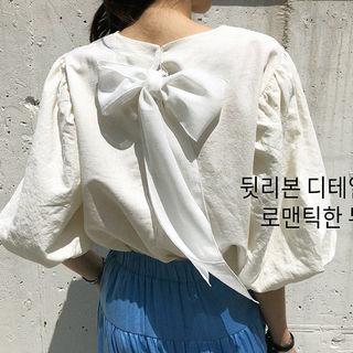 Puff-sleeve Beribboned Back Linen Blouse