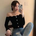 Long-sleeve Button Off-shoulder Top Black - One Size