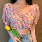 Floral Print Short-sleeve Crop Top Floral - Pink - One Size