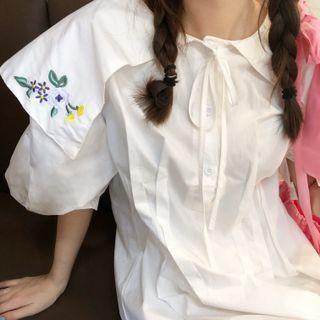 Elbow-sleeve Flower Embroidered Mini A-line Dress