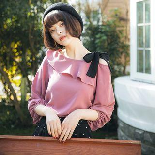 Off-shoulder Puff-sleeve Sheath Plain Bow Blouse