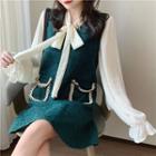 Tie-neck Lantern-sleeve Blouse / Contrast Trim Ruffle Hem Pinafore Dress