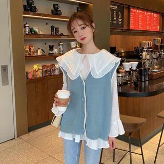 Long-sleeve Dotted Blouse / Button Knit Vest