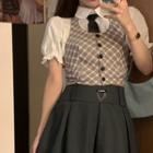 Short-sleeve Shirt / Neck Tie / Plaid Vest / Mini Skirt