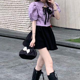 Puff-sleeve Plaid Blouse / Mini A-line Skirt