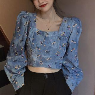 Floral Denim Blouse Dark Blue - One Size
