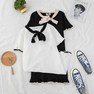 Short-sleeve Tied Frilled Shift Dress