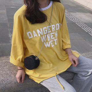 3/4-sleeve Lettering Ripped Hem T-shirt