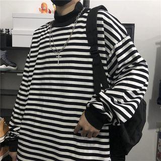 Striped Mock-neck Long-sleeve Oversize T-shirt