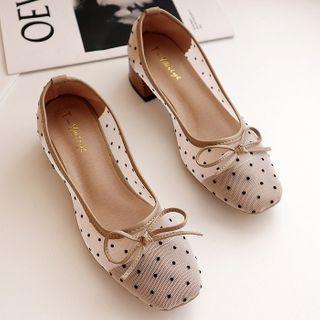 Block Heel Dotted Mesh Bow Pumps