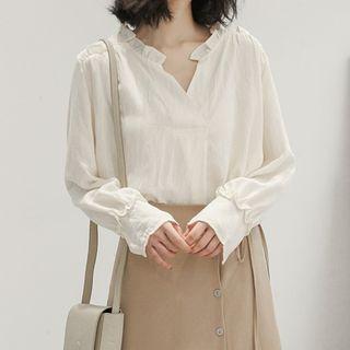 V-neck Ruffled-trim Long-sleeve Blouse