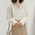V-neck Ruffled-trim Long-sleeve Blouse