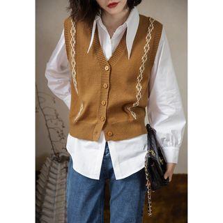 Pattern Sweater Vest Coffee - One Size