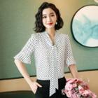 Tie-neck Dotted Bell-sleeve Blouse / Dress Pants / Pencil Skirt / Set