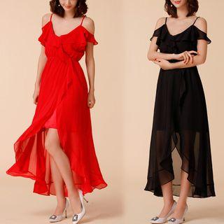 Ruffled Cold Shoulder Evening Gown