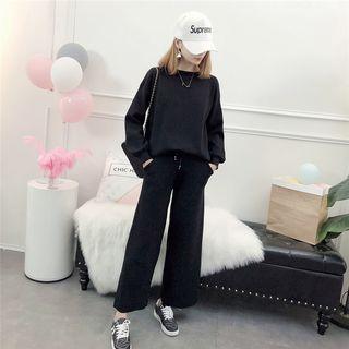 Set: Plain Sweater + Wide Leg Pants Set - Black - One Size