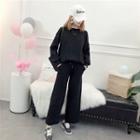 Set: Plain Sweater + Wide Leg Pants Set - Black - One Size