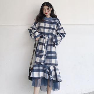 Paneled Plaid Midi Mermaid Dress