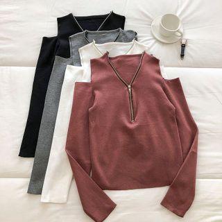 Plain V-neck Zipper Off-shoulder Knit Top