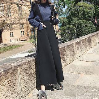 Ruffle Trim Faux Pearl Long-sleeve Knit Top / High-waist Cropped Wide-leg Pants / Set