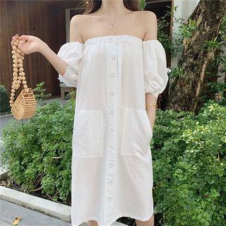 Plain Off-shoulder Button Midi Shift Dress