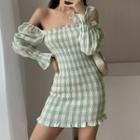 Off-shoulder Plaid Smocked Sheath Dress