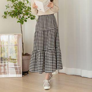 Shepard-plaid Tiered Maxi Skirt