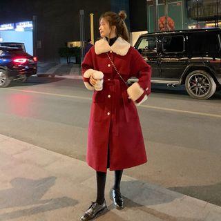 Tie-waist Fleece Trim Woolen Coat