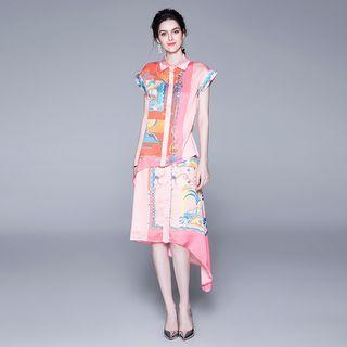 Set: Short-sleeve Printed Asymmetric Shirt + Skirt