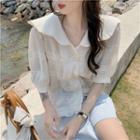 Elbow-sleeve Collared Button-up Blouse Beige - One Size