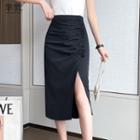 High Waist Shirred Slit Midi Pencil Skirt