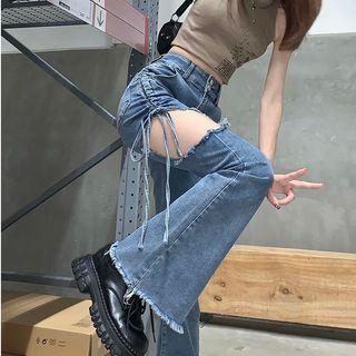 Mid-waist Drawstring Cutout Boot Cut Jeans