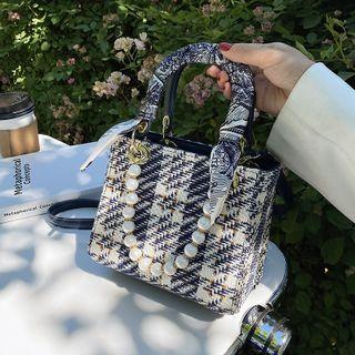 Faux Pearl Strap Plaid Tote Bag