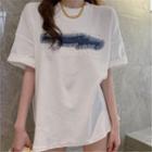 Short-sleeve Lettering T-shirt Blue&white - One Size