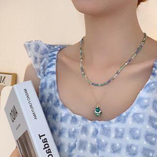 Flower Pendant Layered Faux Crystal Necklace