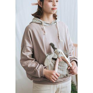 Plaid Panel Hoodie Khaki Gray - One Size