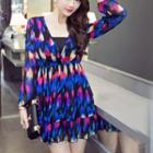 Long-sleeve Frill Trim Patterned A-line Mini Dress