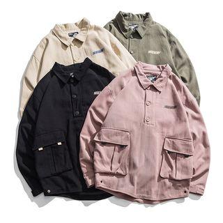 Long-sleeve Placket Pocketed Top
