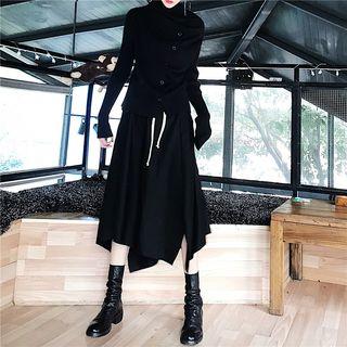Turtleneck Button Long-sleeve Knit Top / Drawstring Asymmetric Hem Midi A-line Skirt