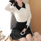 Set: Cuff-sleeve Faux-pearl Knit Top + Miniskirt