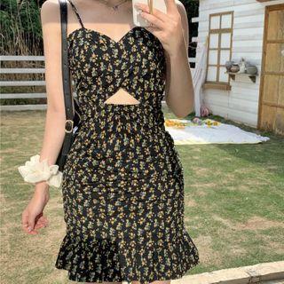 Spaghetti Strap Floral Print Mini Sheath Dress Black - One Size